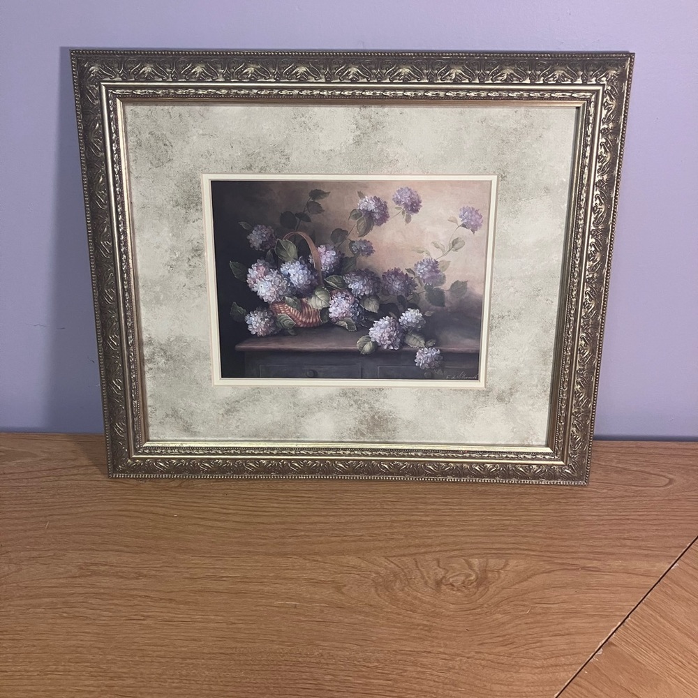 Framed Floral Artwork 15x13 Fabrice de Villanueve Hydrangeas in violet - Picture 7 of 14